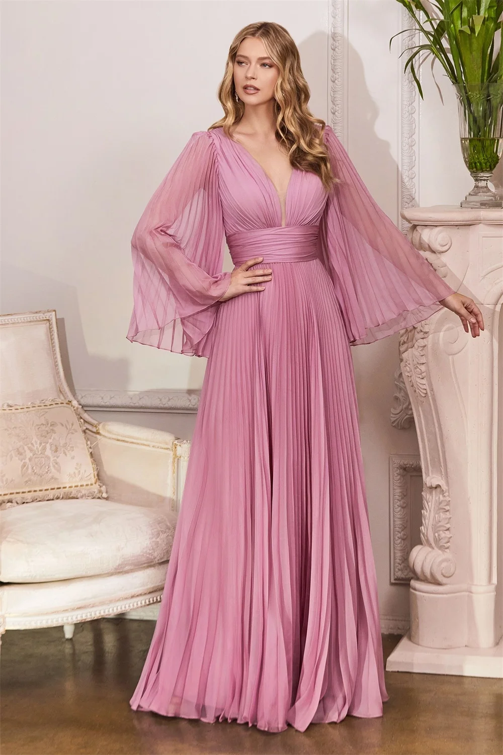 Off the Shoulder V-neck Chiffon Bridesmaid Dresses Pleated Sheer Corset Long Sleeves Formal Evening Party A-line Prom Gowns