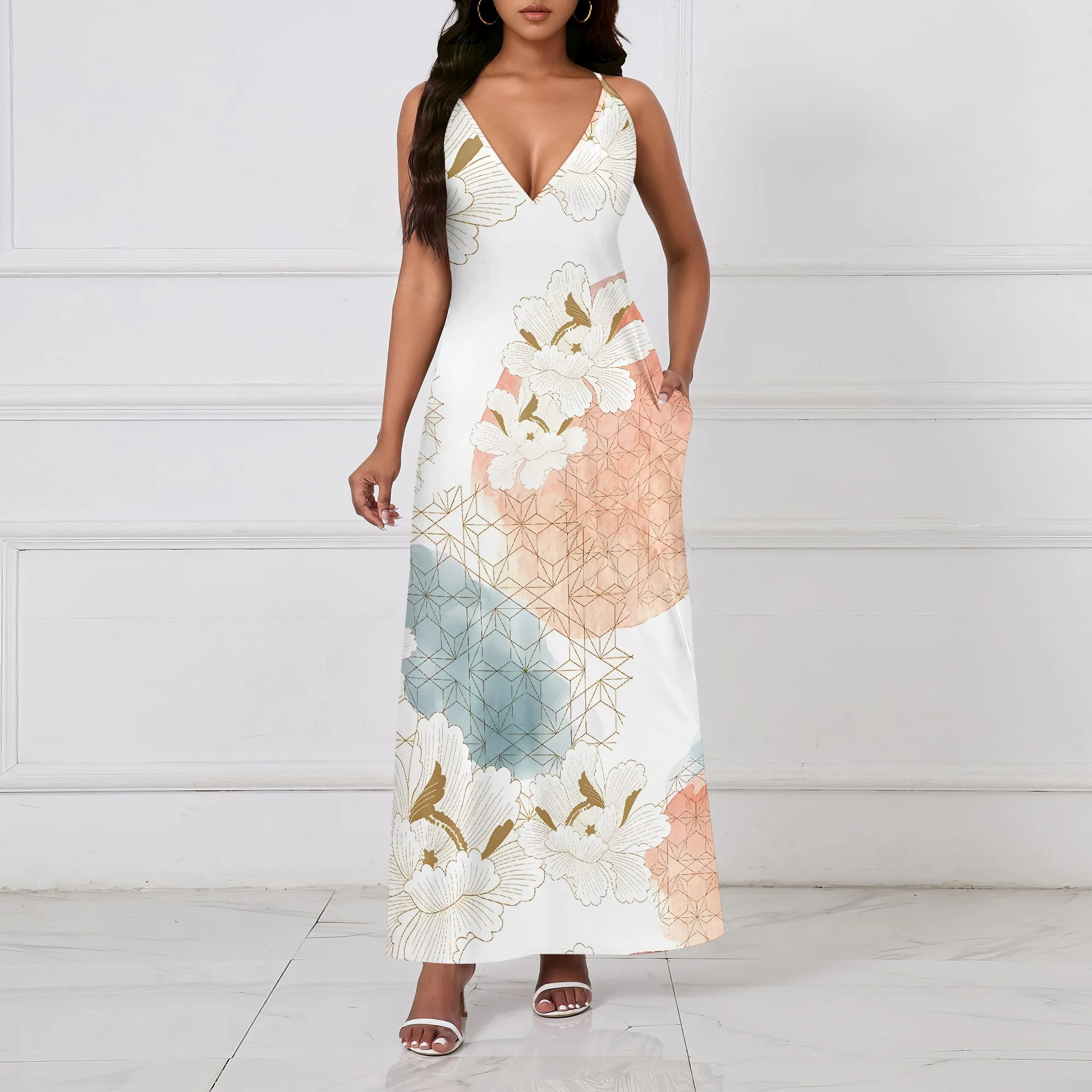 

EQQZD Elegant Sleeveless V-Neck Maxi Dress, Artistic Pattern Print Slip Dress with Pockets for Women's Summer Daily Wear