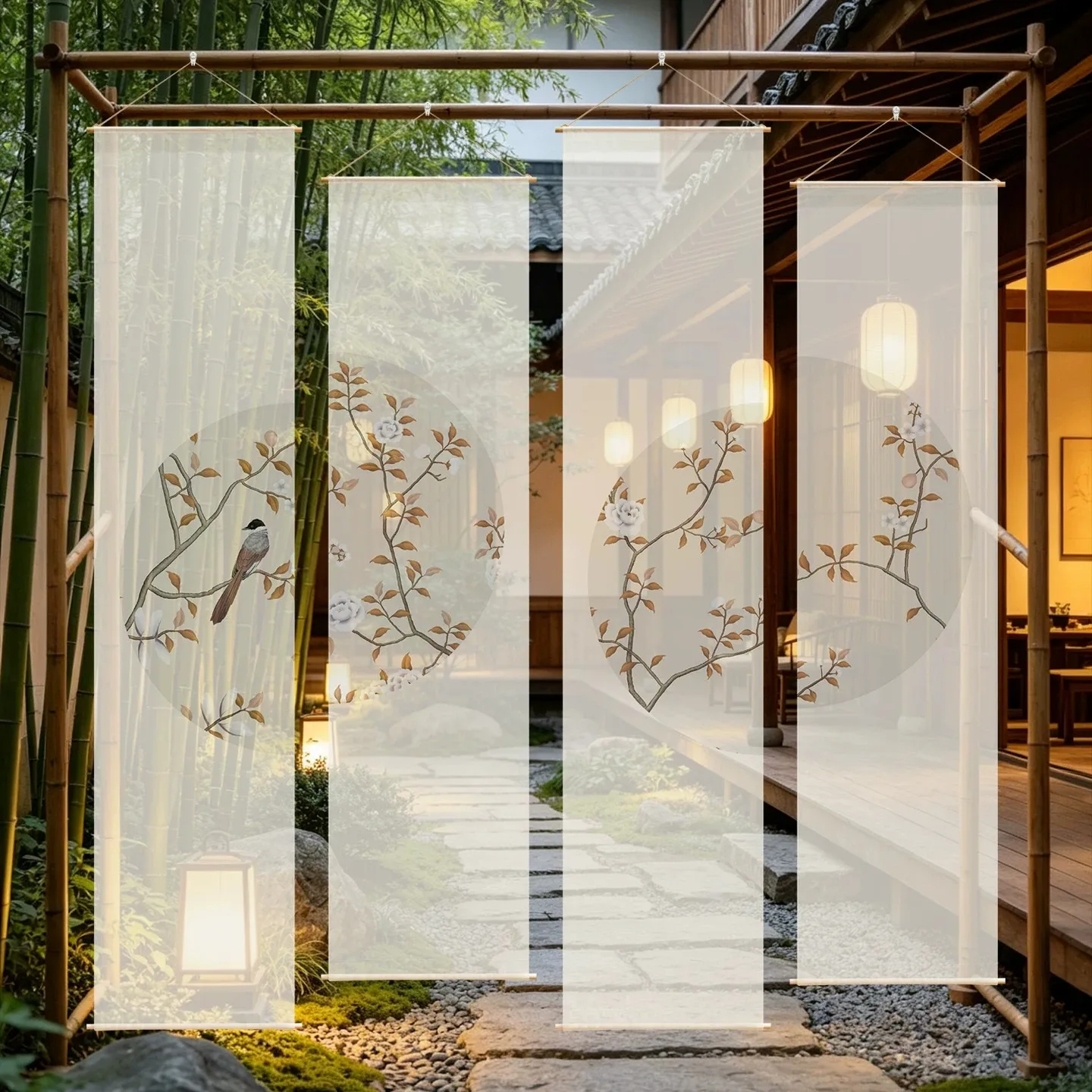 Japanese Floral Bird Hanging Room Divider – Semi Transparent Sheer Gauze Curtain for Tea Room, Tatami, Courtyard & Ryokan Inn