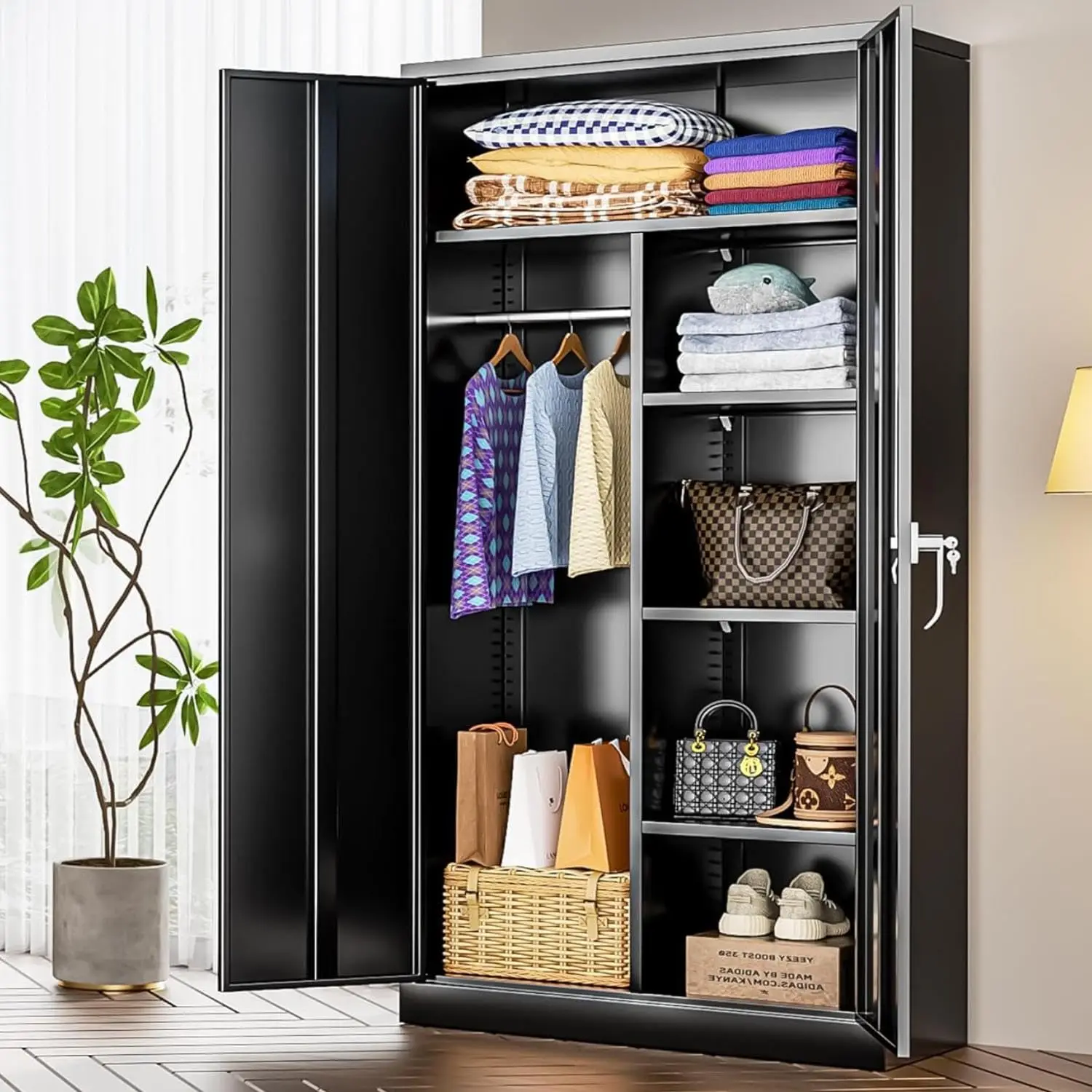 72”Tall Metal Wardrobe Cabinets with Lock,Clothing Storage Cabinets with Hanging Rod and 4 Adjustable Shelves，Closet