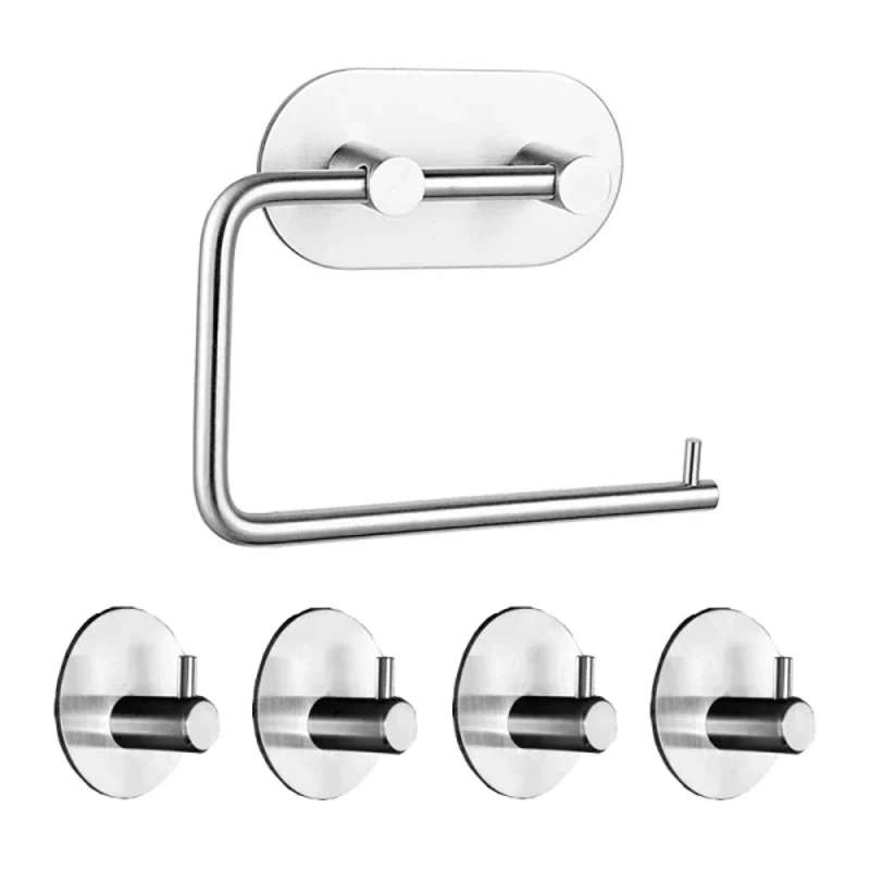 304 Stainless Steel Rubber Hook Bathroom Accessory Set Towel Hook Tissue Holder Bathroom Supplies High-strength Adhesive