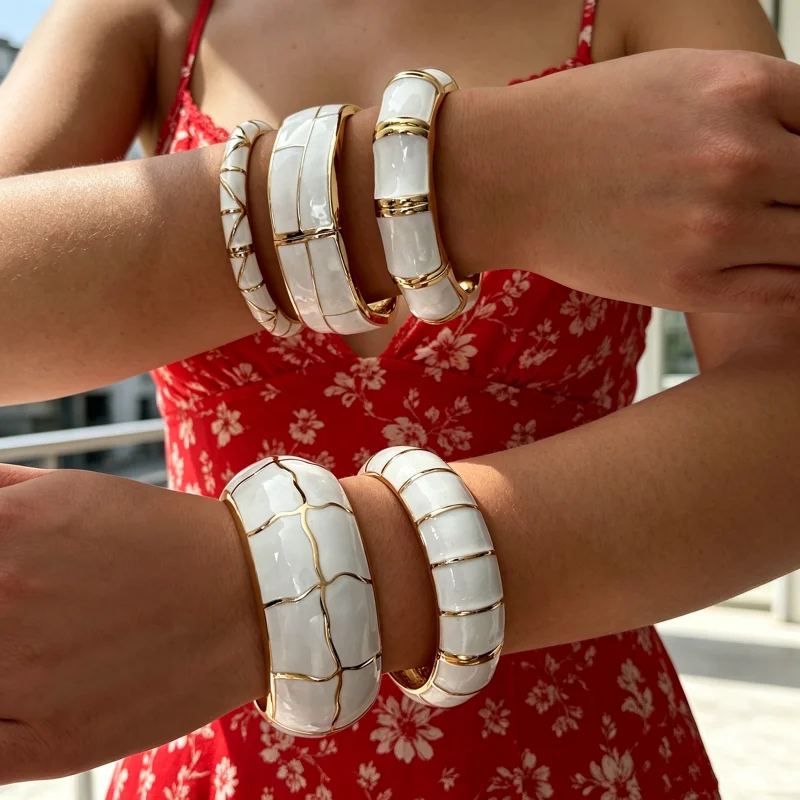 White Oil Dripping Cuff Bangle Bracelets Set for Women Irregular Crack Line Wide Open Bangles Minimalist Stackable Wrist Jewelry