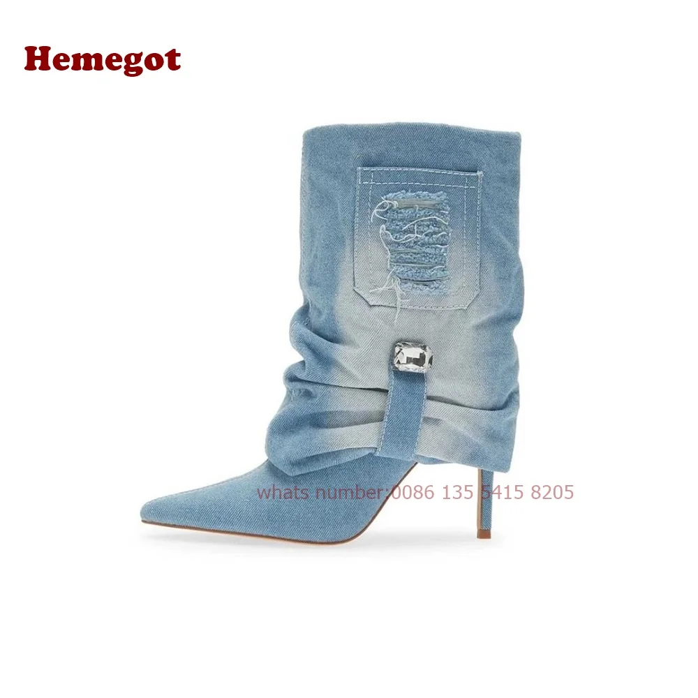 Blue Pointed Toe Mid-Calf Fold-Over Denim Boots with Stiletto Heels Gemstone Slip On Winter Women's Shoes 2024 Design New Warm