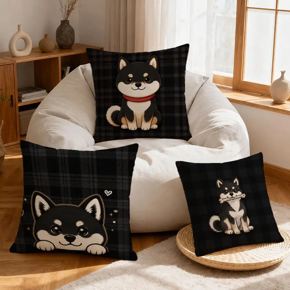 Art Shiba Inu Boy Black Dog Cushion Cover Linen Anti-Mite Antibacterial Cushion Cover Invisible Zipper Sofa Decor