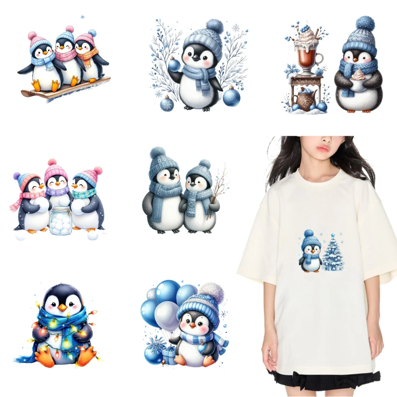 2PCS Cute Penguin Winter Scene Iron on Patches DTF Patches for Clothes Iron-On Transfers for Clothing Heat Transfer Sticker