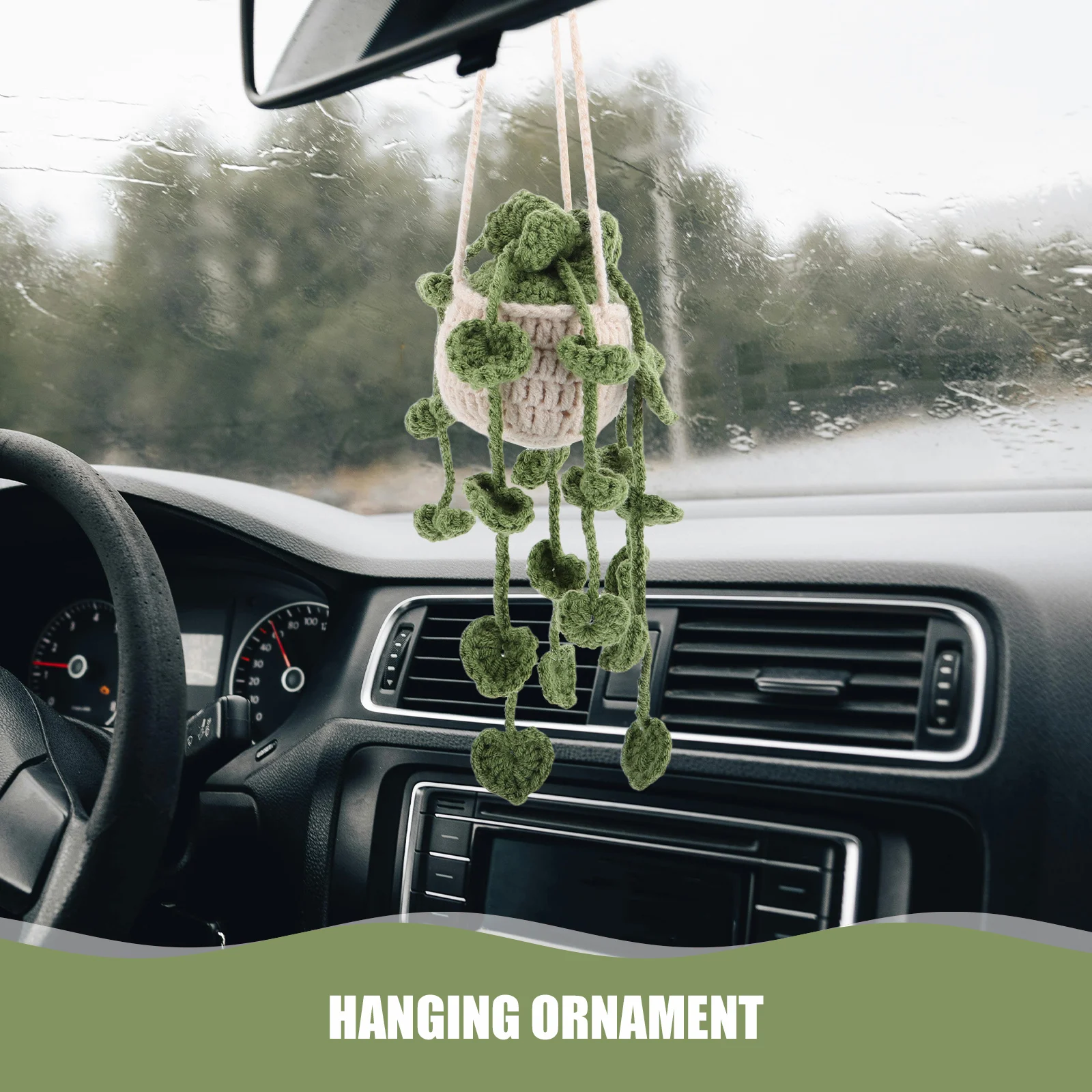 

Small Crochet Car Hanging Ornament Fake Plant Basket Rearview Mirror Decoration Car Interior Aesthetic Accessories