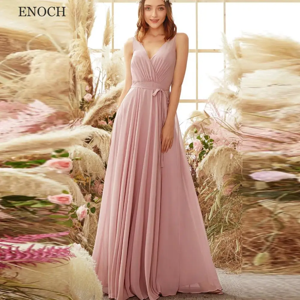 

ENOCH V-Neck Sleeveless Chiffon Bridesmaid Dresses Simple Beach Pleated Party Dresses V-Back Vestidos De Fiesta High Quality