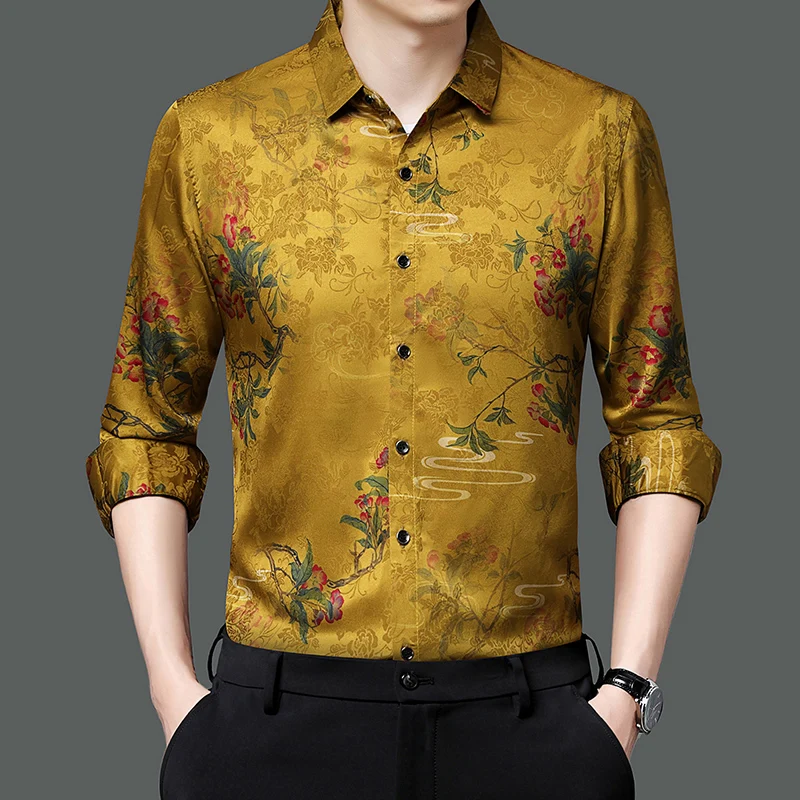 

Gold Flowers Silk Stretch Clothing For Mens Fashionable Smooth Elastic Satin Blouse Large Size Fancy Soft Husband Wear Cozy Top