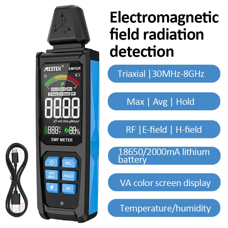 EMF02R EMF Meter Electromagnetic Field Radiation Detector 30Mhz~8GHz High Frequency Radiometer Tester Radio Frequency Warn Meter