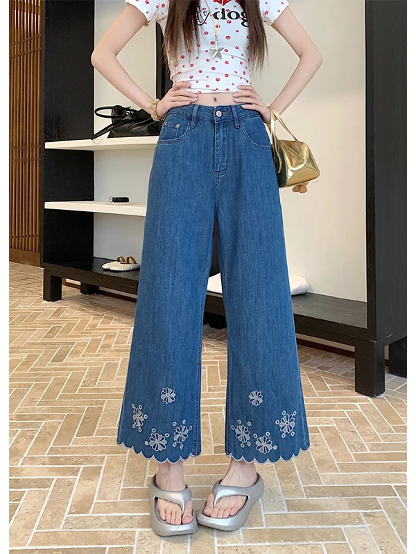 

High Waist Ice Silk Wide Leg Jeans Women's Summer Thin Blue Nine Points Retro Straight Tube Pants plus Size Slimming Effect