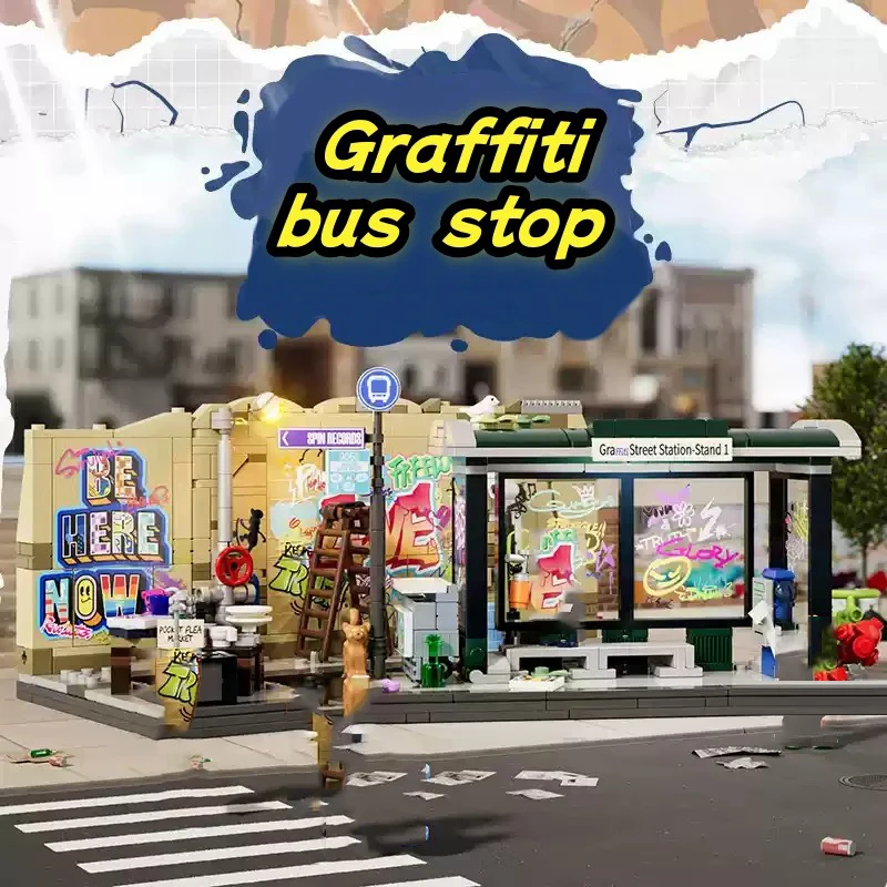 Klemmbausteine Street Fusion Graffiti Bushaltestelle 4 Figuren Modulare Gebäude Bausteine Stadtarchitektur Ziegelstein-Modellbausatz Spielzeug für Erwachsene und Kinder Geschenk 514 Teile