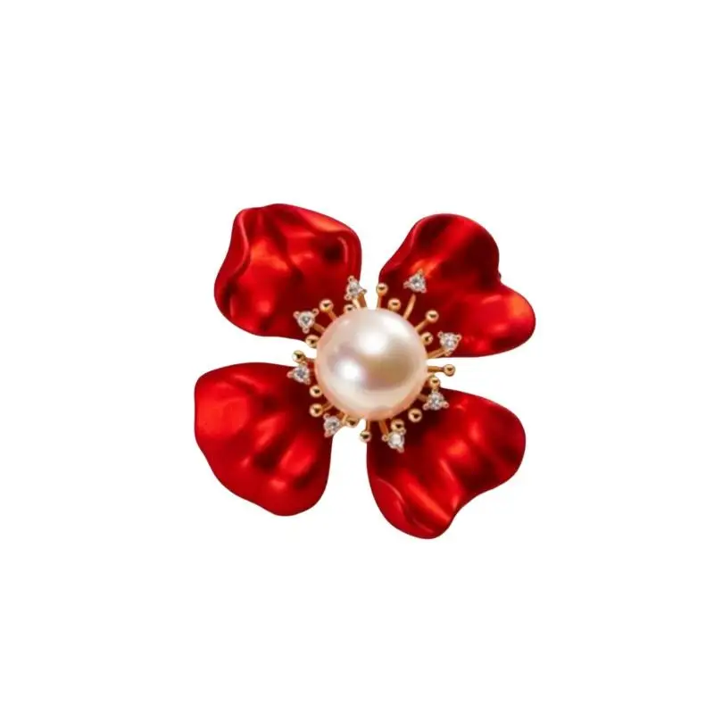 Wunderschöne Blumenbroschen für Damen, rote Emaille, Perlen, Blumen, Pflanzen, Party, Büro, Brosche, Anstecknadel, Geschenke – Detail 6