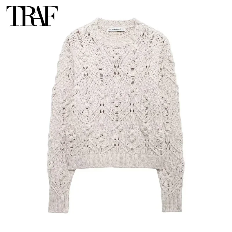 

TRAF Pompoms Pullovers Cropped Knitted Sweater for Women Long Sleeve Short Sweaters Women Autumn Knitwear Jersey Women's Sweater