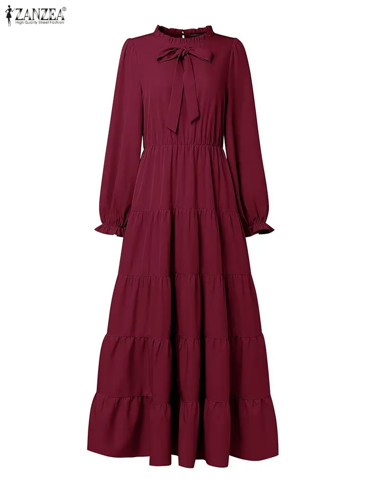 ZANZEA فساتين نسائية أنيقة طويلة متواضعة بفيونكة وتفاصيل مكشكشة وأكمام طويلة متدرجة فستان غير رسمي على شكل حرف a حجاب إسلامي عباية للعيد