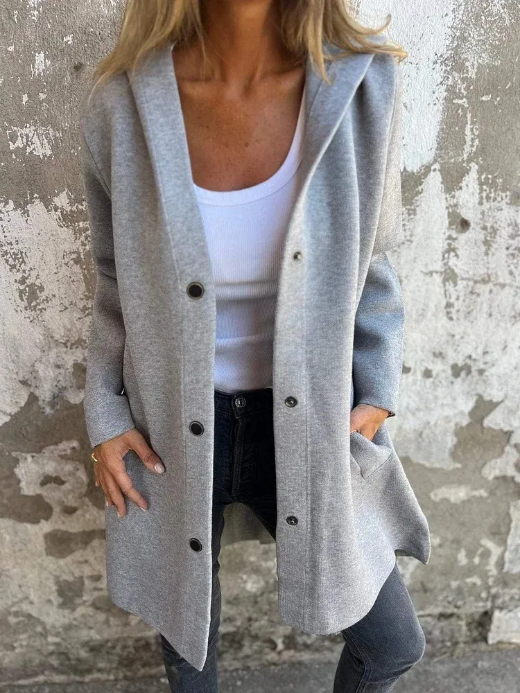 Otoño Invierno Amazon moda de manga larga chaqueta sólida mujer abrigo botón gorra suéter