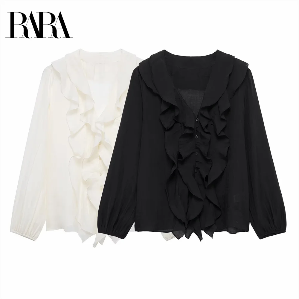 2025 RARA Women's V - neck Long - sleeve Blouses with Ruffled Trim in Crisp White and Classic Black