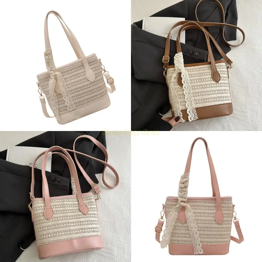 

X90D Women Beach Bag Crossbody Bag Straw Shoulder Bag Handbag Lovely Bucket Bag