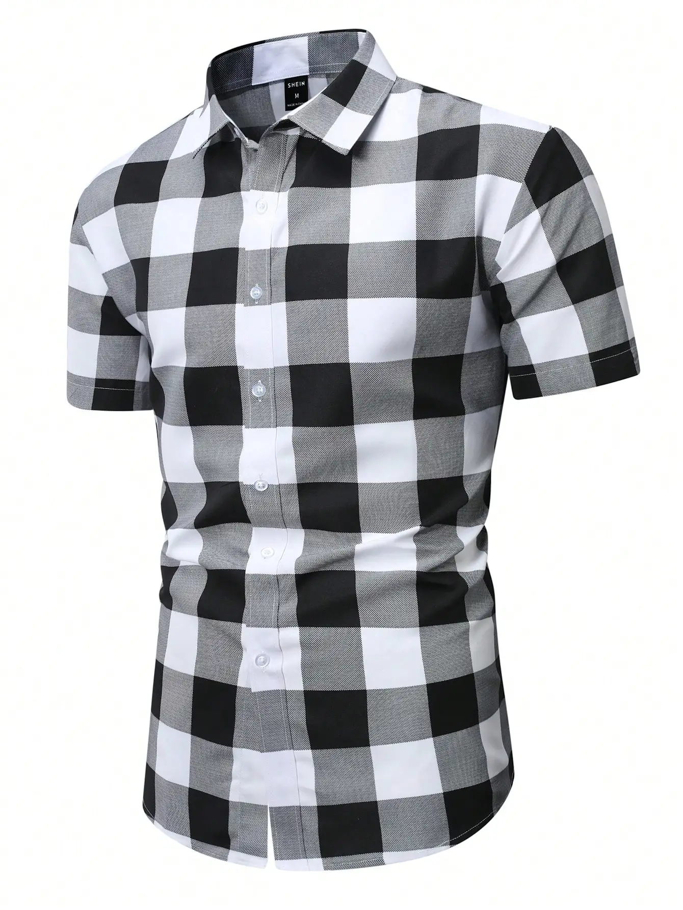 

Men's Black and White Checkered Short Sleeve Button-Down Shirt