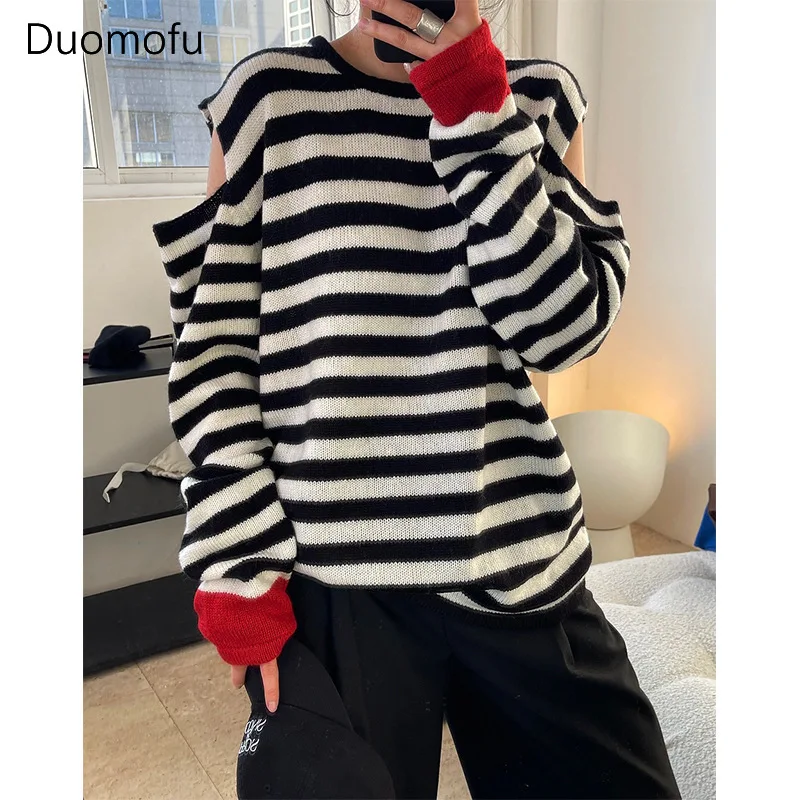 Duomofu Korean Classic Striped Basic Spell Color Female Pullovers Simple Hollow Out Casual Fashion Knit Sweater Women Pullovers