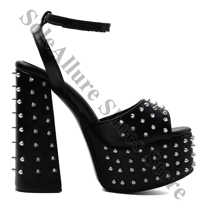 Full Silver Spiked Studded Black Faux Leather Platform Sandals Open Peep Toe Adjustable Buckle Ankle Strap Block Heel Shoes