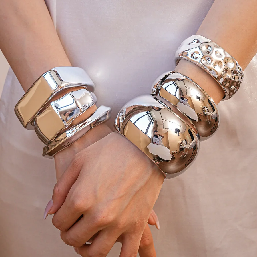 11 Stile Silberfarbenes Acryl-Armband für Damen und Herren, unregelmäßige geometrische breite Armbänder, Manschettenarmbänder, Handschmuck, Pulseras