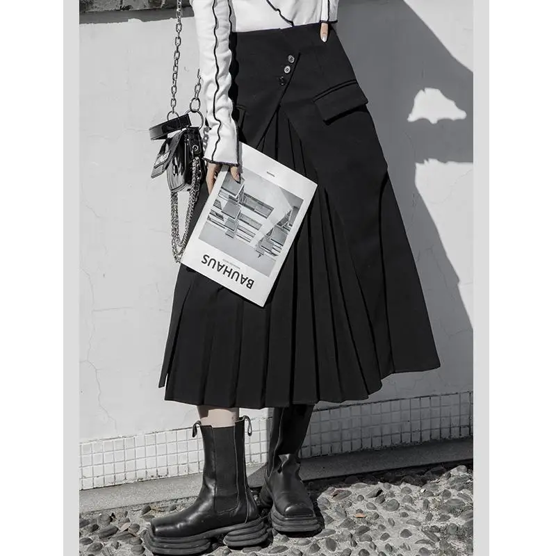 

Creative f-length Midi Bla Pleated Skirt Women's New Sle Asymmetrical Design Casual Faionable A-Line Skirt