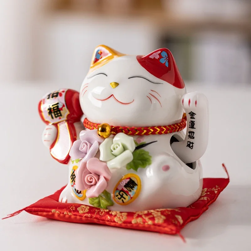 5.2 Inch Ceramic Maneki Neko Waving Hand Beckoning Cat Flower Lucky Cat Ornament Desktop Decoration Fortune Cat Figurine