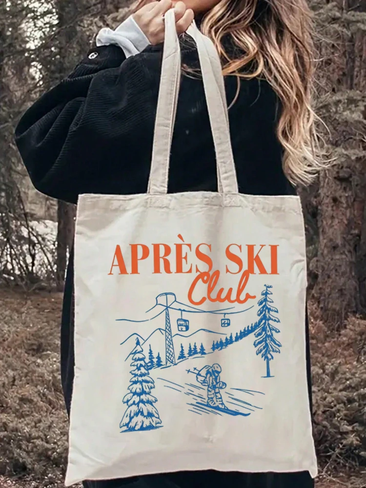 1 Stück Skiclub-Muster Canvas-Umhängetasche, faltbar, wiederverwendbar, Unisex, Damen-Reise-Einkaufstasche für Frauen
