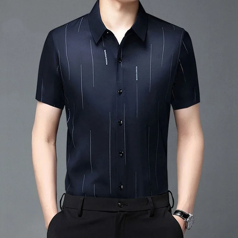 Summer New Short Sleeve Shirts for Men Lapel Letter Striped Button Printing Blouse Anti Wrinkle Vintage Fashion Tops