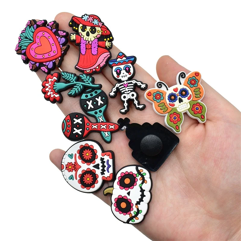 Day Of The Dead Theme PVC Shoe Charms Colorful Skull Head Guitar Skeleton Cat Pattern Shoe Buckle Accessories Holiday Gift