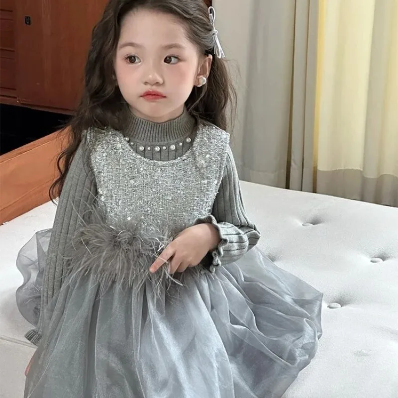 Girls' Dress Autumn/Winter New Collection Children's Baby Plush Thick Tank Top Birthday Dress Princess Style Dress