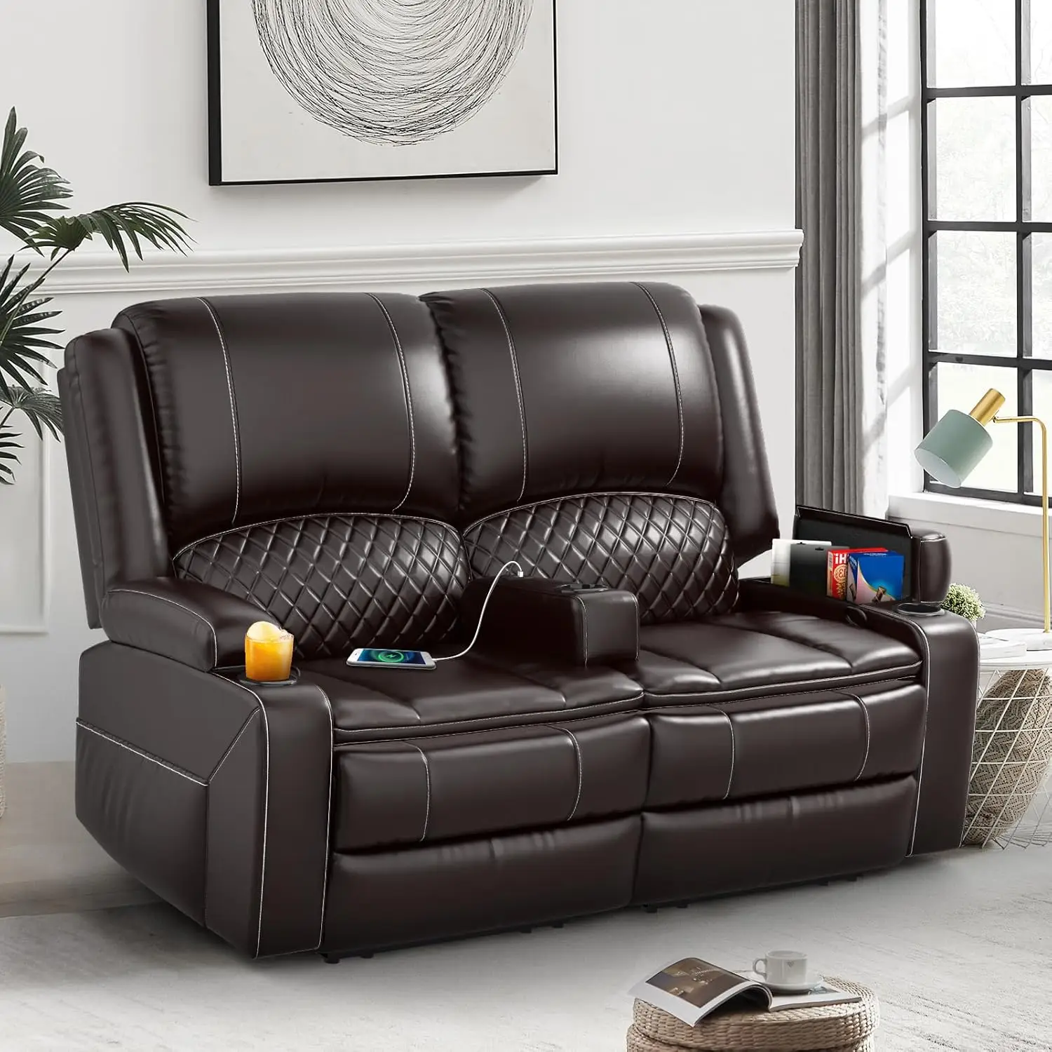 Recliner Sofa, Manual Reclining Loveseat with Removable Armrest, Faux Leather Recliner Loveseat for Adults with 2-Tier