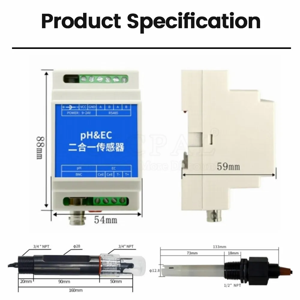 Din Rail Type PH EC Plastic Electrode Probe Detector RS485 2-in-1 Sensor Industrial Sewage Monitor for Agricultural Aquaculture