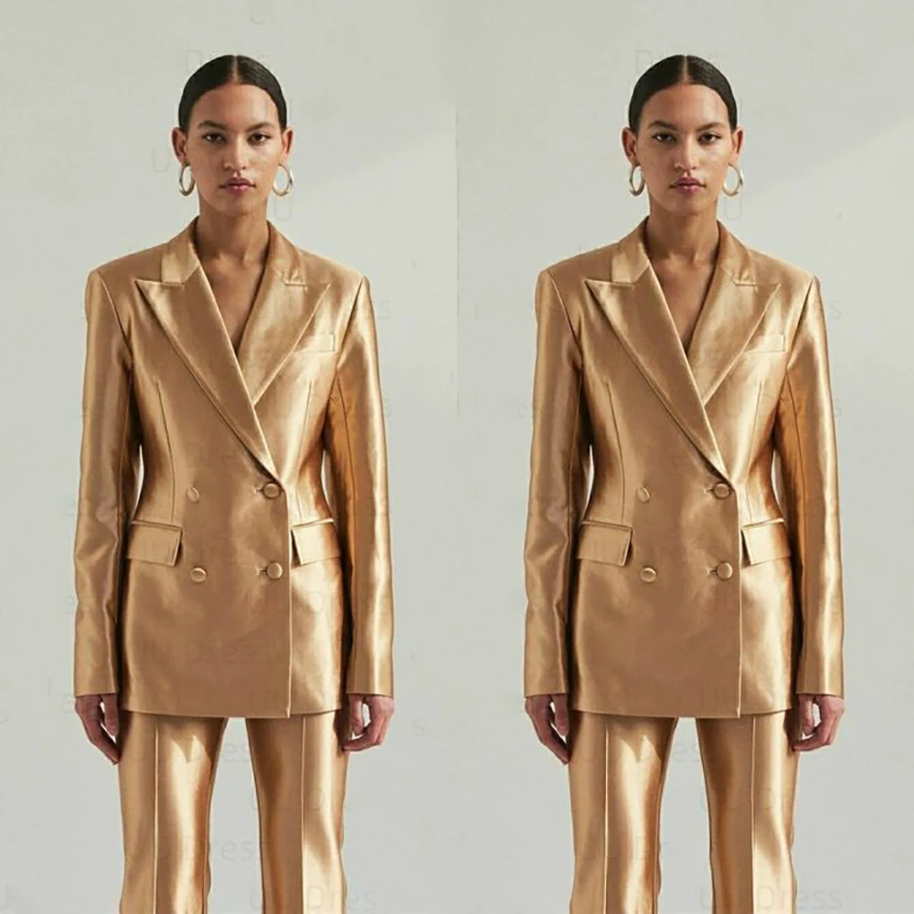 

Elegant Golden Women's Suits Formal Double Breasted Peak Lapel Slim Blazer Formal Solid Color 2 Piece Jacket Pants Female Sets