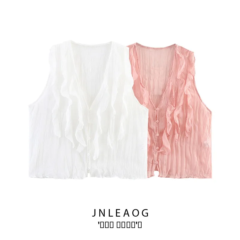 

JNLEAOG Faionable Semi-Transparent Layered Decorative Women's Top V-Ne Single-Button Closure Color Polyester Fiber