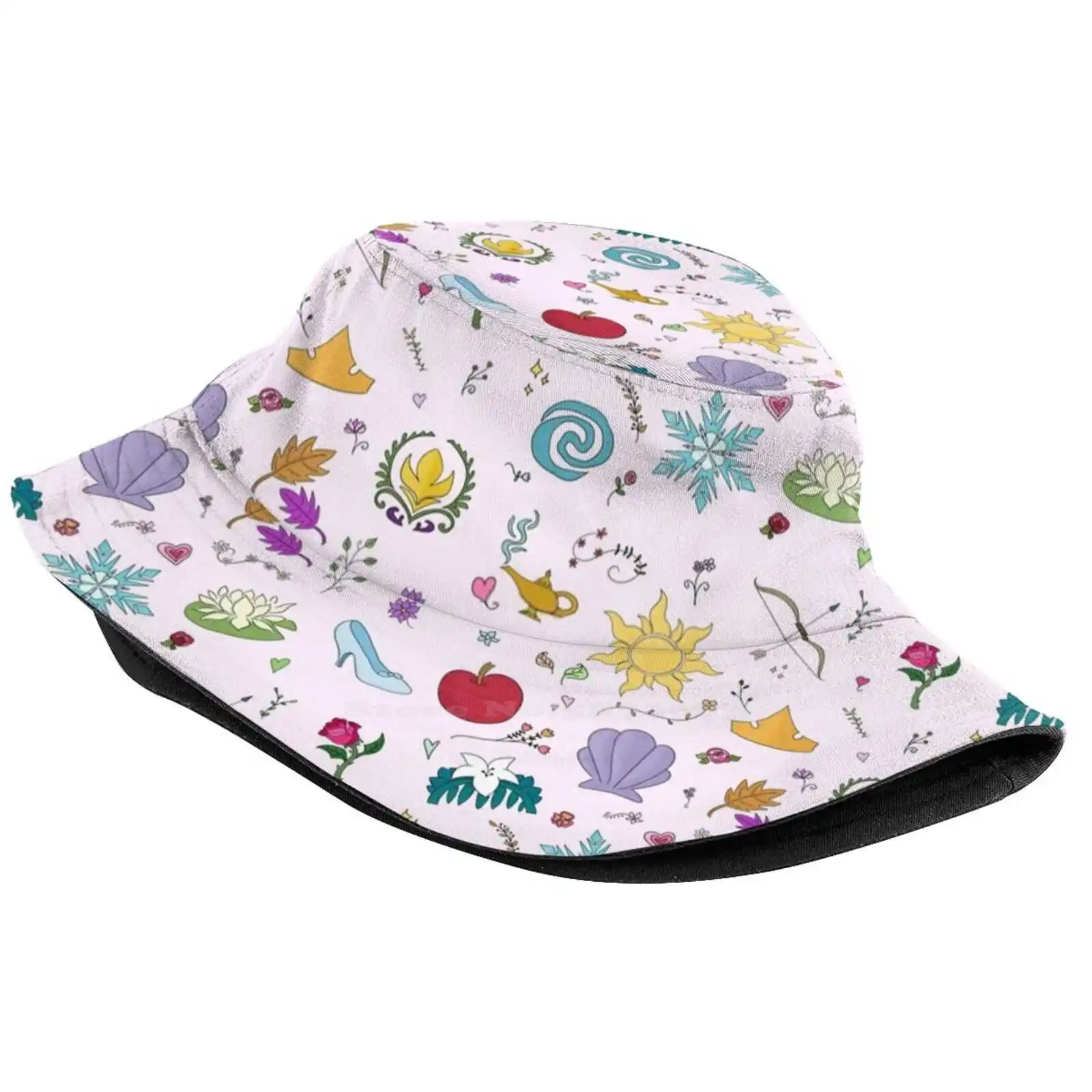 Princess Dreams Flat Top Breathable Bucket Hats Princess Fairytale Pattern Flowers Hearts Crown Aladdin Sleeping Beauty The