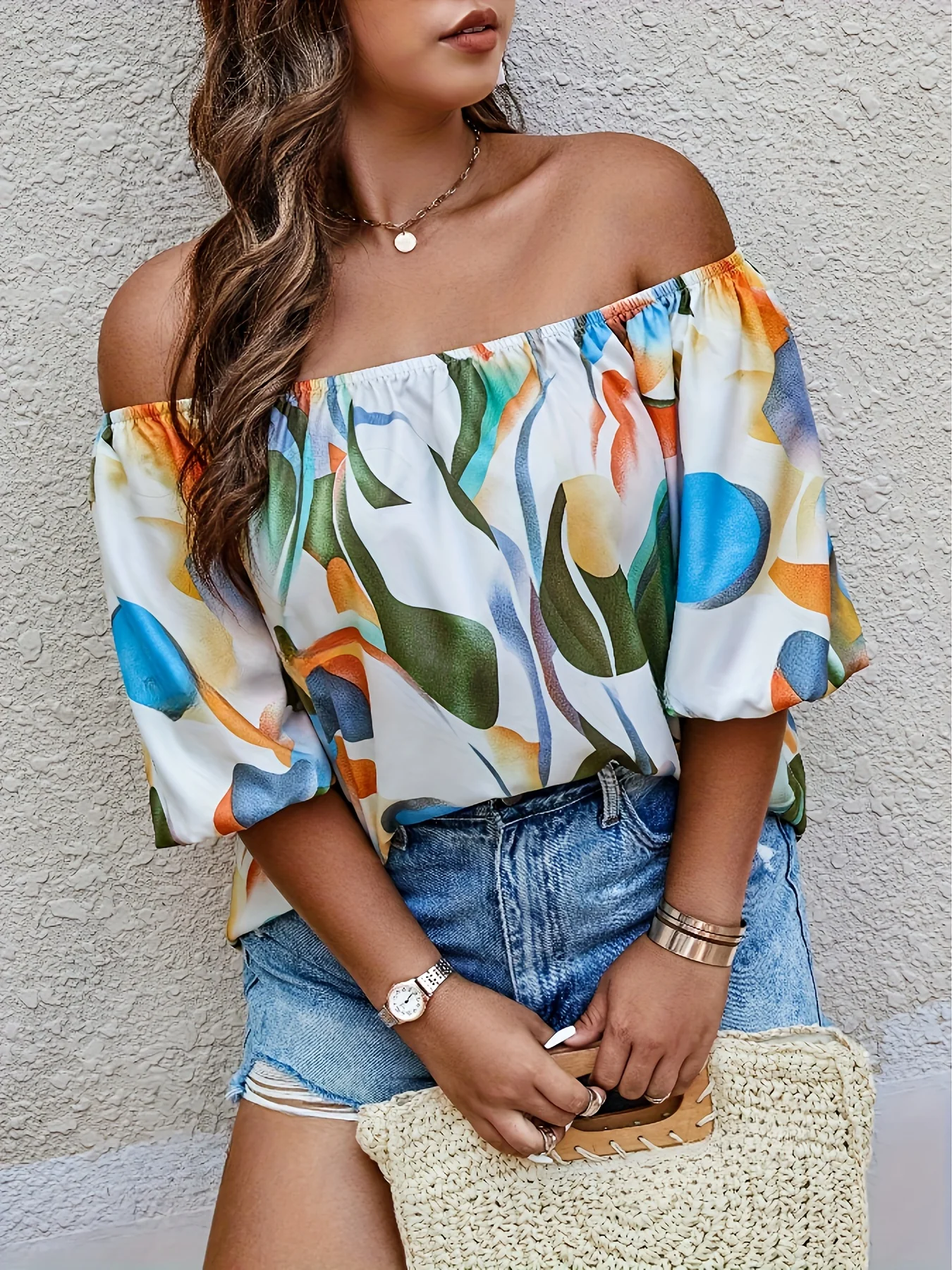 Plus Size Summer Women Elegant Shirt Casual Fashion Off the Shoulder Print Tops Vacation Loose Female Clothing