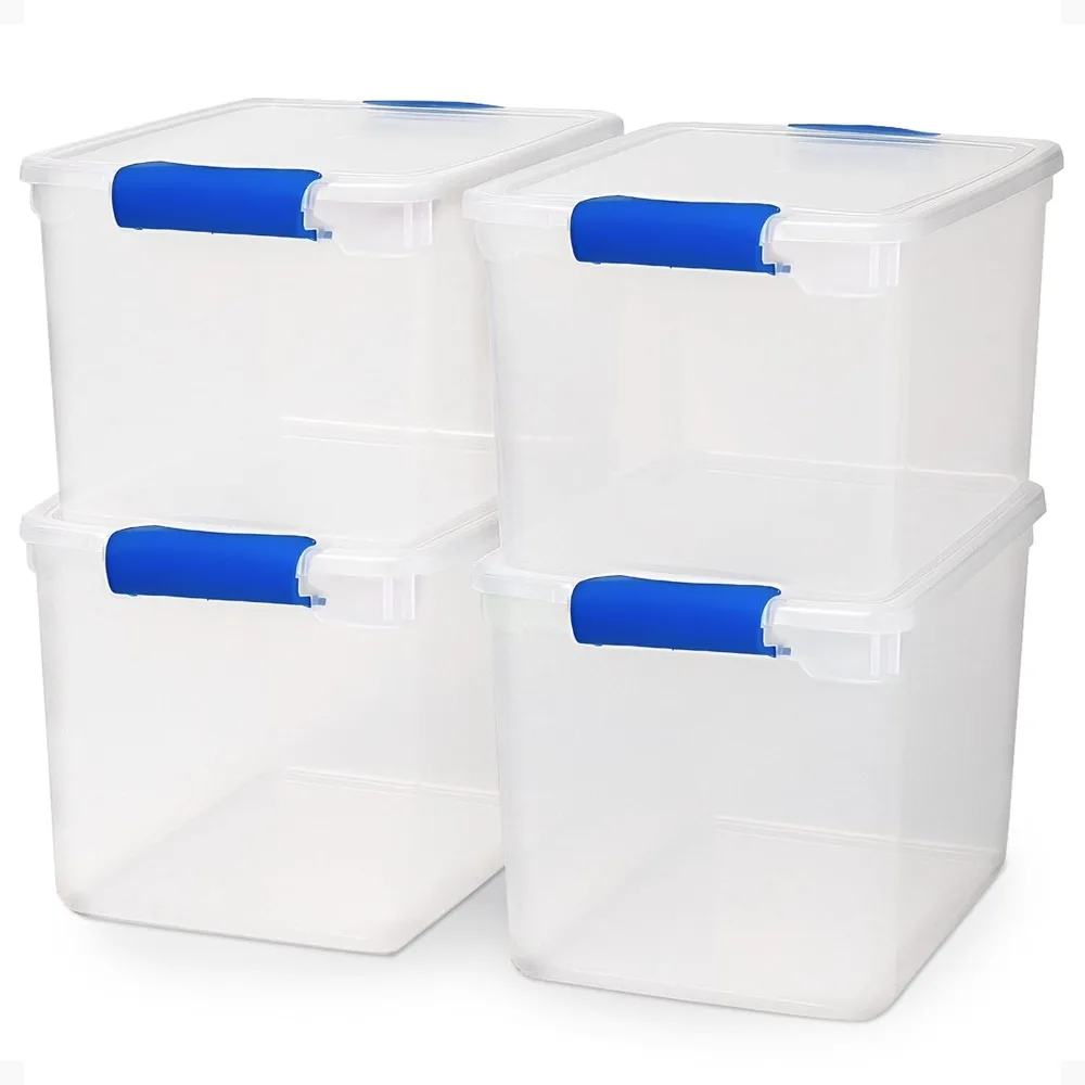 

4-Pack Latching Lid, Large Clear Plastic Storage Bins with Lids, 31 Quart, Blue Latch - Stackable Container Boxes for Home