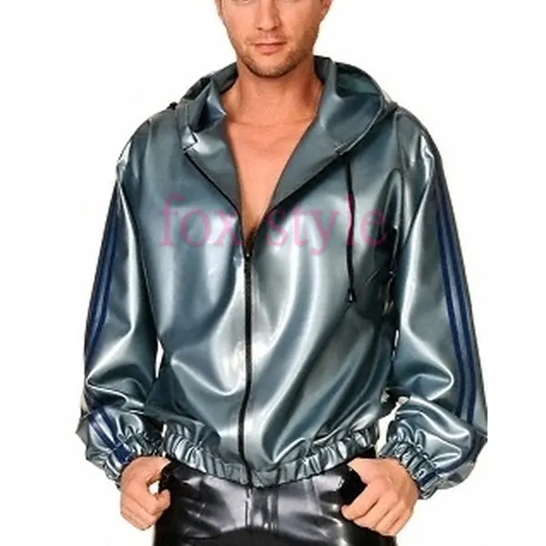Men's latex jacket coat in italy silver style front zip real photoes