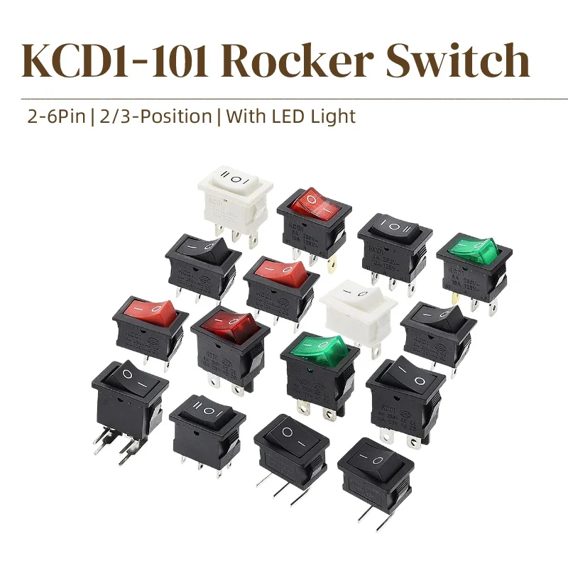 KCD1‑101 Rocker Boat Switch 13*19mm 2‑6Pin 2/3‑Gear ON OFF Power Toggle Switch With LED For Water Dispenser Electronic Scale KCD