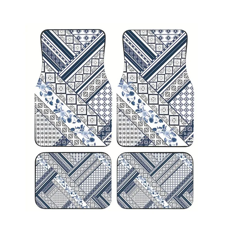 

Blue White Tile Floral Print Car Floor Mats 4pcs Set Universal Fit Anti Slip Floor Liners For Cars