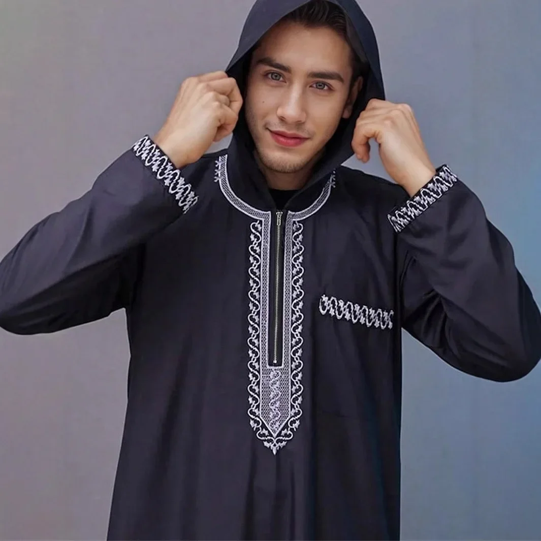 Men Dubai Morocco Ramadan Pockets Loose Hooded Long Robe Gown Embroidery Spliced Muslim Abaya Traditional Chinese Arab Robe Male