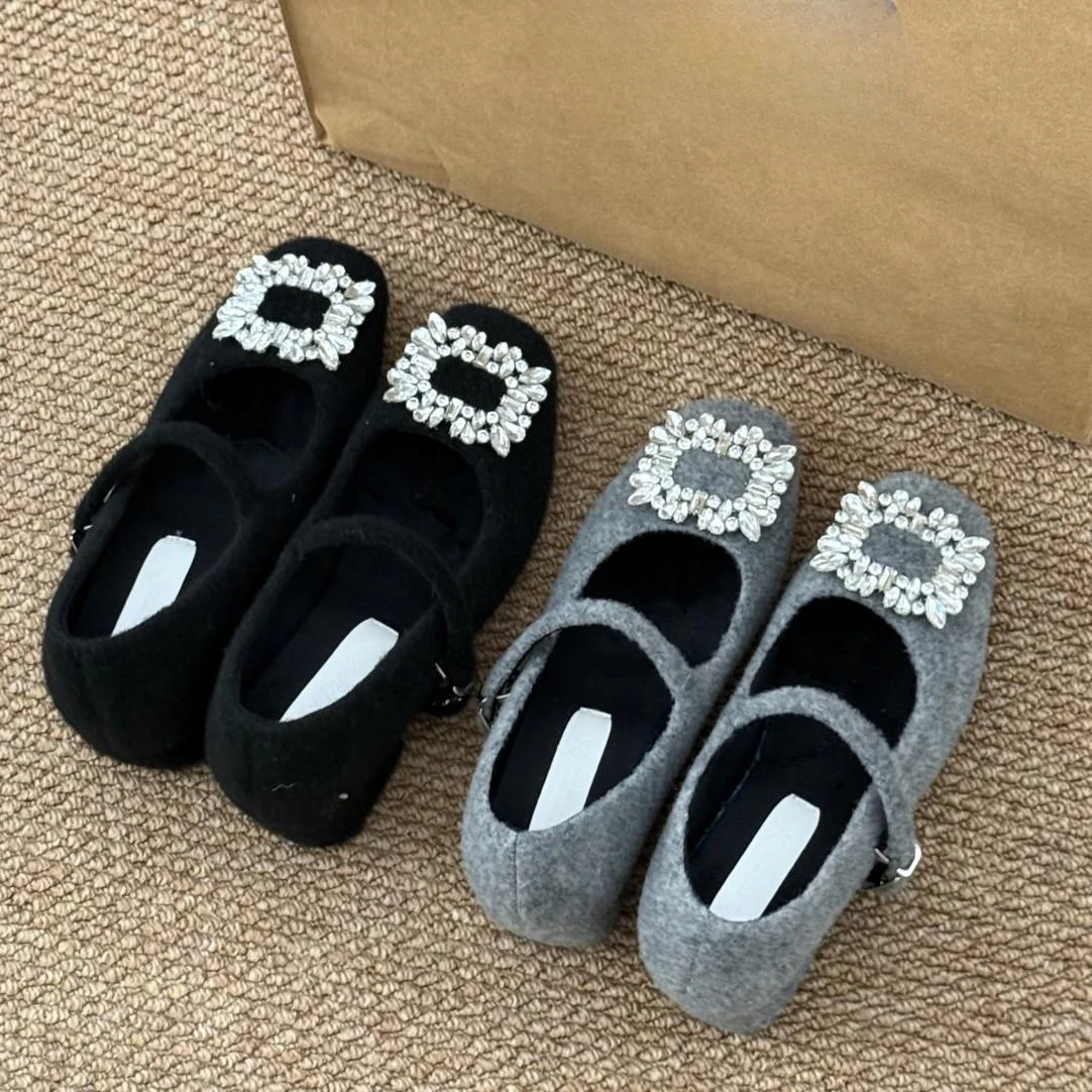 

French square head rhinestone fluffy shoes women