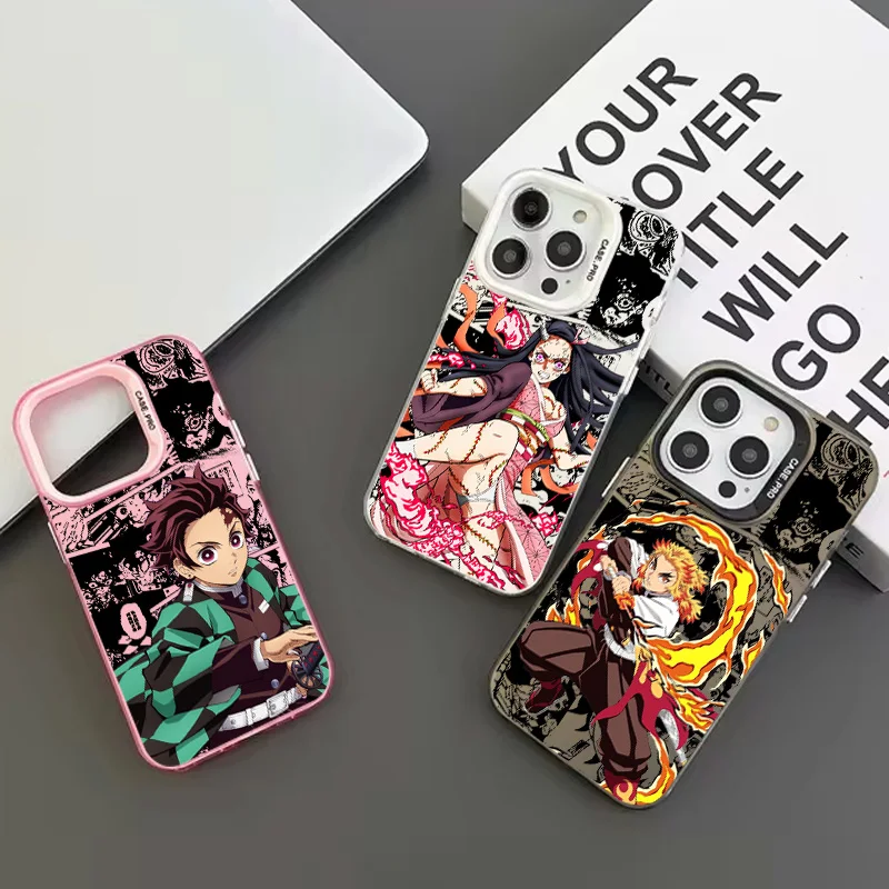 Demon Slayer Kimetsu No Yaiba Phone Case For Apple iPhone 15 14 13 12 11 Pro MAX XR Colored Silver Plated Inside Cover