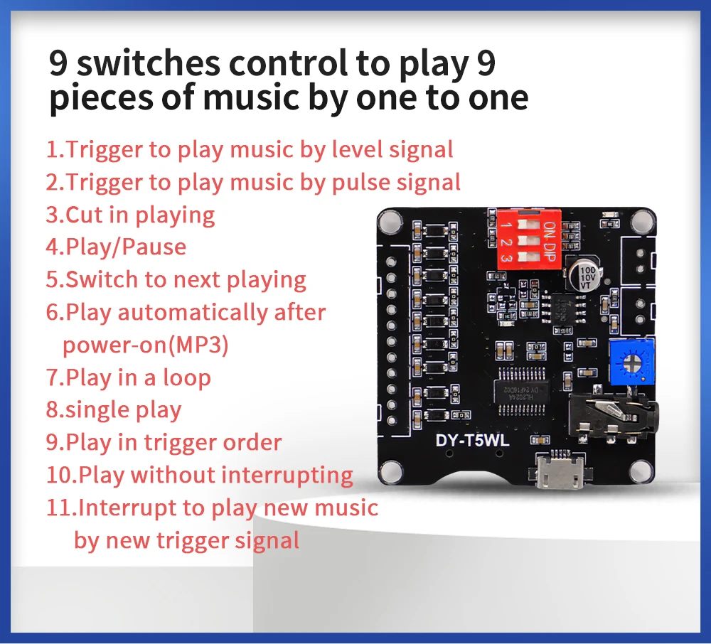 5W power voice MP3 playback control module one-on-one trigger TF memory card U disk custom audio T5WL