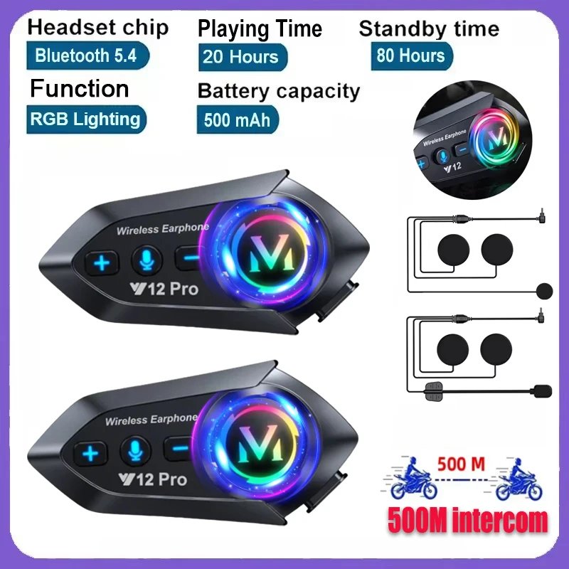 Y20 Pro 1/2x Motorcycle Intercom Headset Helmet BT 5.4 Intercommunicator 300M FM Radio Hands-free Call Music Sharing Interphone