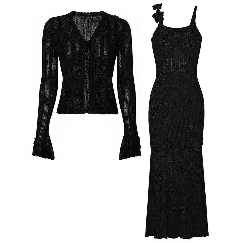 

Fashionable Knitted Women's Top Coat Dress Set High Quality Spring Autumn New Style Sleeveless Cardigan Three Piece Set