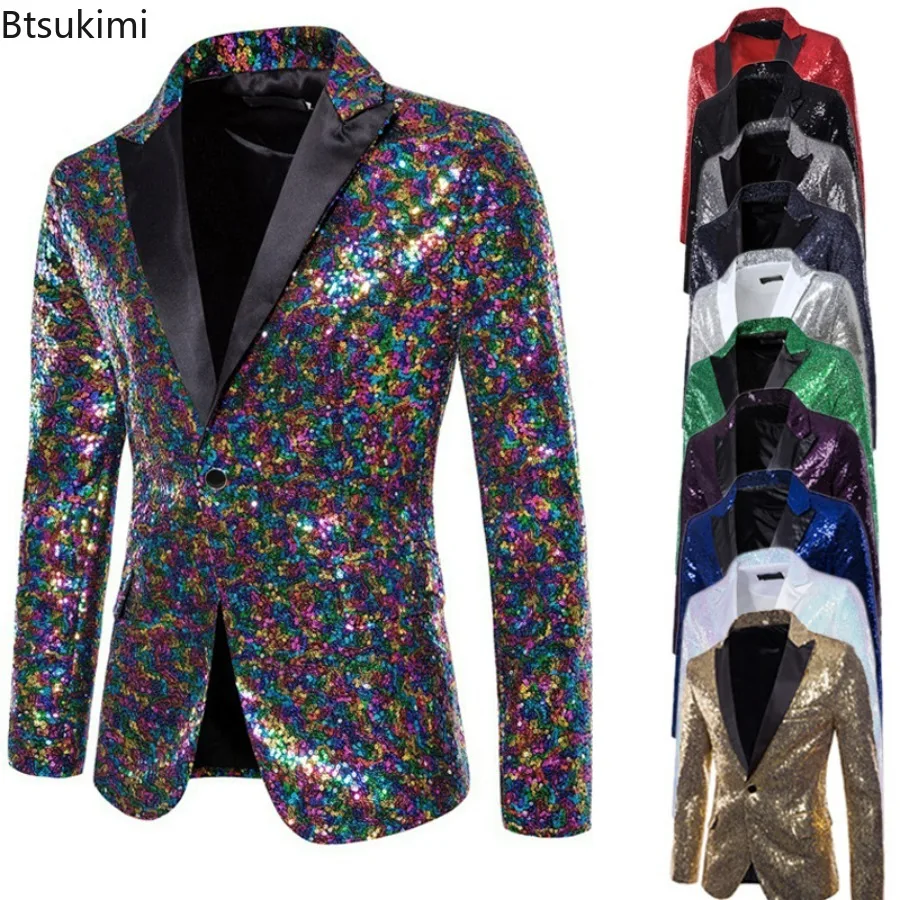 

2024 Shiny Sequin Glitter Blazer for Men One Button Peak Collar Tuxedo Jacket Men's Wedding Groom Party Prom Stage Costume Homme