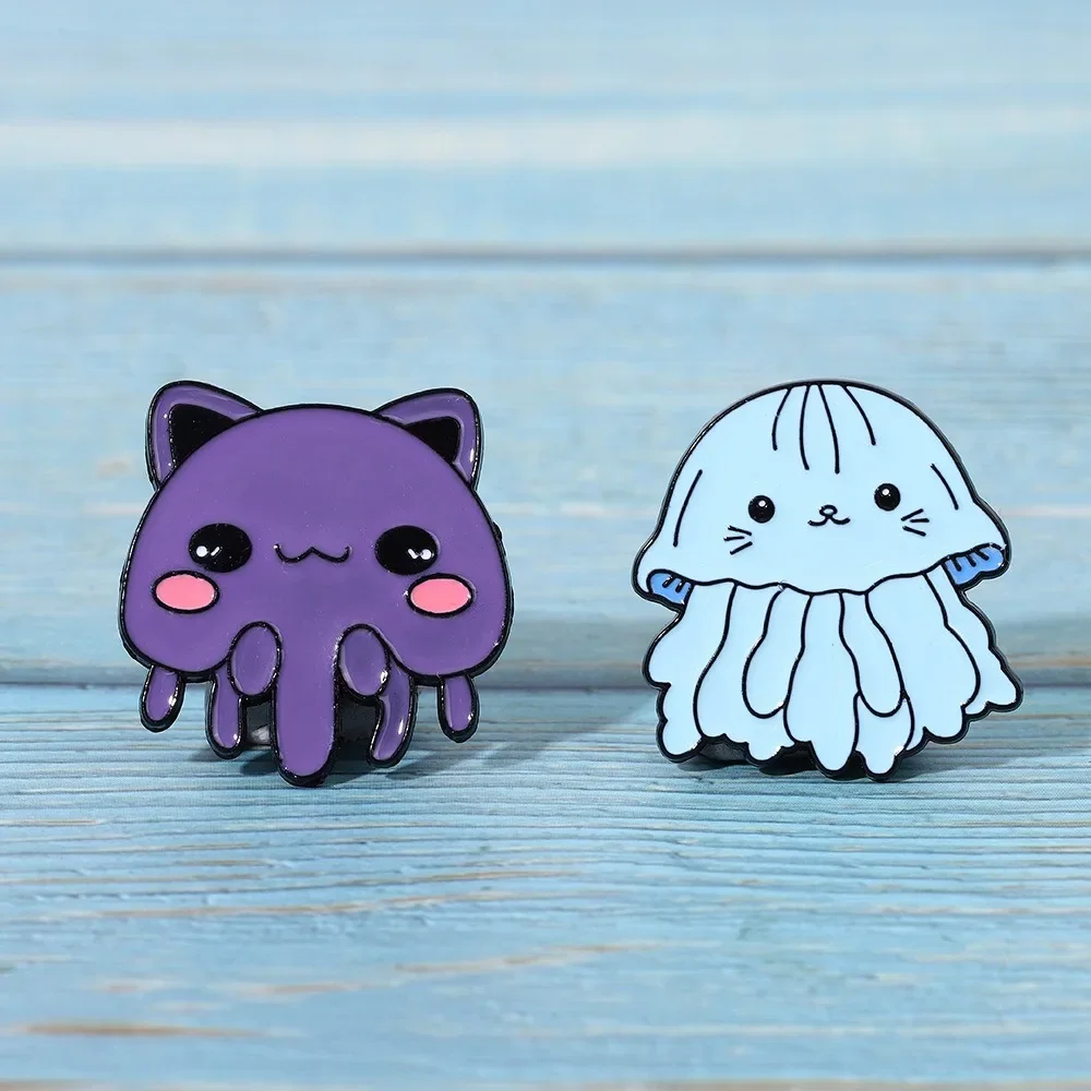 Kawaii Animals Jellyfish and Cat Brooch Metal Badges Cartoon Blue and Purple Pins Children Adult Clothing Bag Shirt Decoration