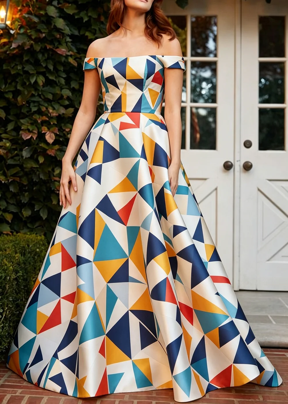 

Women's Elegant Multicolor Geometric Print Maxi Dress Fitted Waist Off Shoulder Satin A Line Dress Formal Evening Party Clothing